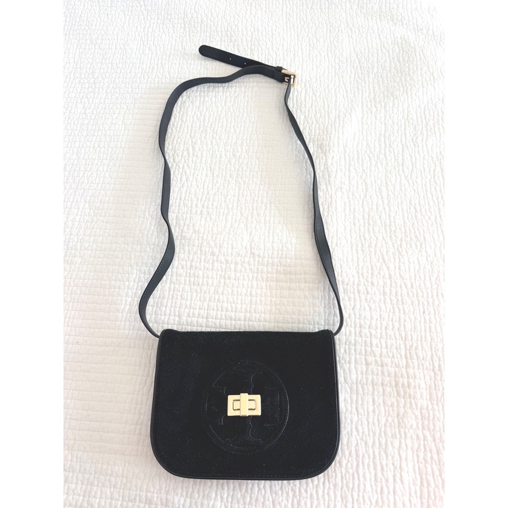 Authentic Vintage Tory Burch Black Suede Leather Crossbody Bag Gold Turn Logo